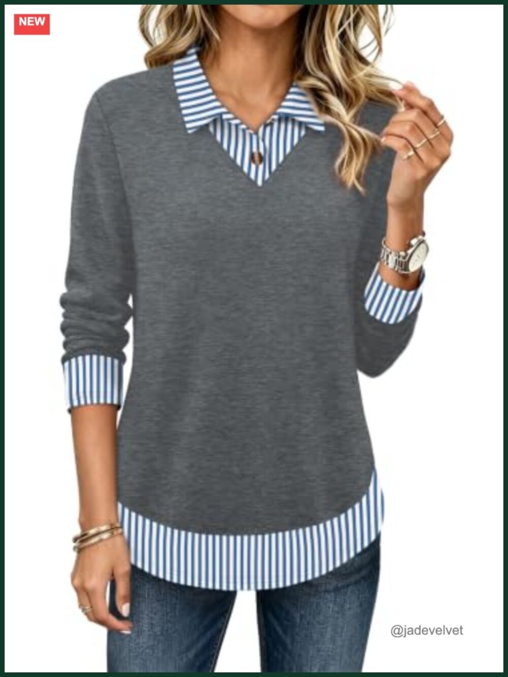 Women's Long Sleeve Polo Tunic Top Faux Layered Teacher Work Shirt